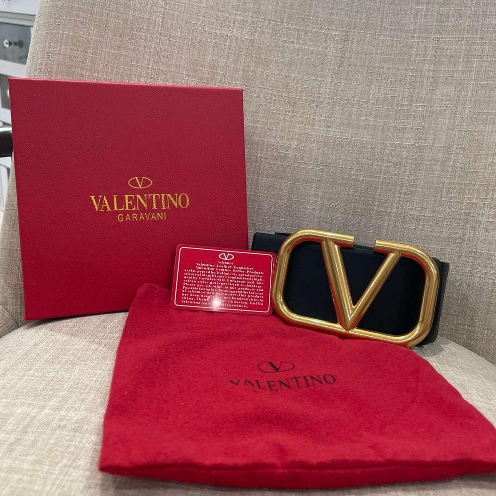 Valentino Black Belt with Gold V Buckle